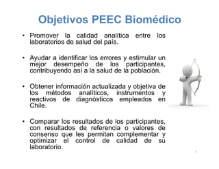 Objetivos PEEC Biomédico
• Promover la calidad analítica entre los
laboratorios de salud del país.
• Ayudar a identificar los errores y estimular un
mejor desempeño de los participantes,
contribuyendo así a la salud de la población.
• Obtener información actualizada y objetiva de
los métodos analíticos, instrumentos y
reactivos de diagnósticos empleados en
Chile.
• Comparar los resultados de los participantes,
con resultados de referencia o valores de
consenso que les permitan complementar y
optimizar el control de calidad de su
laboratorio.
7
 
