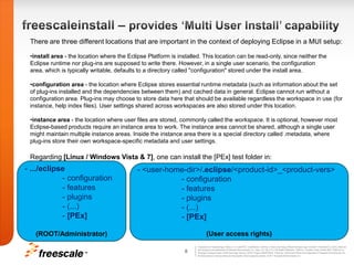 freescaleinstall – provides ‘Multi User Install’ capabilityThere are three different locations that are important in the context of deploying Eclipse in a MUI setup:install area - the location where the Eclipse Platform is installed. This location can be read-only, since neither the Eclipse runtime nor plug-ins are supposed to write there. However, in a single user scenario, the configuration area, which is typically writable, defaults to a directory called "configuration" stored under the install area. 
