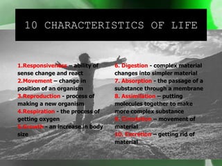 10 CHARACTERISTICS OF LIFE
1.Responsiveness – ability of
sense change and react
2.Movement – change in
position of an organism
3.Reproduction - process of
making a new organism
4.Respiration - the process of
getting oxygen
5.Growth - an increase in body
size
6. Digestion - complex material
changes into simpler material
7. Absorption - the passage of a
substance through a membrane
8. Assimilation – putting
molecules together to make
more complex substance
9. Circulation – movement of
material
10. Excretion – getting rid of
material
 