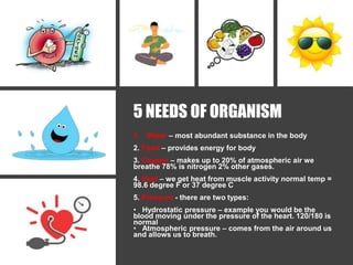 5 NEEDS OF ORGANISM
1. Water – most abundant substance in the body
2. Food – provides energy for body
3. Oxygen – makes up to 20% of atmospheric air we
breathe 78% is nitrogen 2% other gases.
4. Heat – we get heat from muscle activity normal temp =
98.6 degree F or 37 degree C
5. Pressure - there are two types:
• Hydrostatic pressure – example you would be the
blood moving under the pressure of the heart. 120/180 is
normal
• Atmospheric pressure – comes from the air around us
and allows us to breath.
 