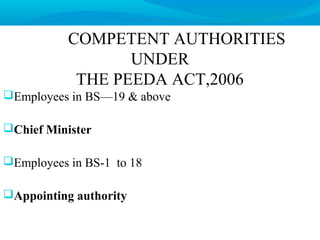 19
COMPETENT AUTHORITIES
UNDER
THE PEEDA ACT,2006
Employees in BS—19 & above
Chief Minister
Employees in BS-1 to 18
Appointing authority
 