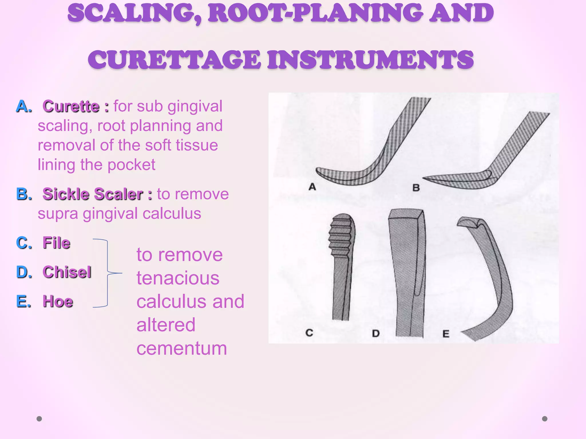 SCALING, ROOT-PLANING AND
CURETTAGE INSTRUMENTS
A. Curette : for sub gingival
scaling, root planning and
removal of the soft tissue
lining the pocket
B. Sickle Scaler : to remove
supra gingival calculus
C. File
D. Chisel
E. Hoe
to remove
tenacious
calculus and
altered
cementum
 