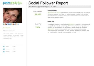 Social Follower Report
                                                     Key Metrics: @ginidietrich | Jun - 16 - 2012

                                                                                  Total Followers
                                                           Total Followers
                                                                                   @ginidietrich had 24,053 Twitter followers and we've classified the ones we could into
                                                              24,053               Consumer, Business, and Private (i.e. locked) accounts. The rest, which we label
                                                                                   Unidentified, are an assortment of anonymous and spam accounts, which we do not
                                                                                   factor into our audience metrics.


                                                                                  Social Pull
                                                              Social Pull          Pull is a good measure of how influential @ginidietrich's audience is, compared to the
                                                                                   average Twitter account - 1x is average, 2x is twice as much as average, and so on.
Gini Dietrich                                                  702x                Influence, for the purposes of this calculation, is gauged by how well connected
                                                                                   @ginidietrich' followers are across sixty social sites, compared to the average
@ginidietrich | Dec 06 2008
                                                                                   consumer. A higher Pull suggests you have important people in your audience, and
                                                                                   are thus better able to spread your message far and wide.
CEO    Arment     Dietrich.   Author   @spinsucks.
Co-author Marketing in the Round. Founder
@spinsuckspro. Speaker. Avid cyclist. A foodie.
Loves shoes & wine.




      Tweets            87,085

      Followers         24,096

      Following         21,004
 