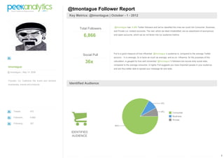 1
tmontague
@ tmontague | May 14 2008
Founder, Co: Collective We invent and reinvent
businesses, brands and products.
Tweets 972
Followers 6,866
Following 257
@tmontague Follower Report
Key Metrics: @tmontague | October - 1 - 2012
Total Followers
6,866
@tmontague has 6,866 Twitter followers and we've classified the ones we could into Consumer, Business,
and Private (i.e. locked) accounts. The rest, which we label Unidentified, are an assortment of anonymous
and spam accounts, which we do not factor into our audience metrics.
Social Pull
36x
Pull is a good measure of how influential @tmontague 's audience is, compared to the average Twitter
account - 1x is average, 2x is twice as much as average, and so on. Influence, for the purposes of this
calculation, is gauged by how well connected @tmontague 's followers are across sixty social sites,
compared to the average consumer. A higher Pull suggests you have important people in your audience,
and are thus better able to spread your message far and wide.
Identified Audience
IDENTIFIED
AUDIENCE
 