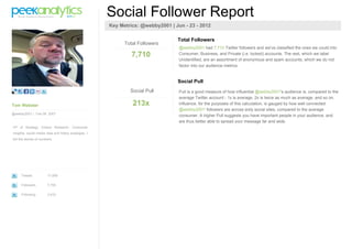 Social Follower Report
                                                      Key Metrics: @webby2001 | Jun - 23 - 2012

                                                                                 Total Followers
                                                            Total Followers
                                                                                  @webby2001 had 7,710 Twitter followers and we've classified the ones we could into
                                                               7,710              Consumer, Business, and Private (i.e. locked) accounts. The rest, which we label
                                                                                  Unidentified, are an assortment of anonymous and spam accounts, which we do not
                                                                                  factor into our audience metrics.


                                                                                 Social Pull
                                                              Social Pull         Pull is a good measure of how influential @webby2001's audience is, compared to the
                                                                                  average Twitter account - 1x is average, 2x is twice as much as average, and so on.
Tom Webster                                                    213x               Influence, for the purposes of this calculation, is gauged by how well connected
                                                                                  @webby2001' followers are across sixty social sites, compared to the average
@webby2001 | Feb 06 2007
                                                                                  consumer. A higher Pull suggests you have important people in your audience, and
                                                                                  are thus better able to spread your message far and wide.
VP of Strategy, Edison Research. Consumer
insights, social media data and folksy analogies. I
tell the stories of numbers.




     Tweets             17,958

     Followers          7,755

     Following          3,433
 