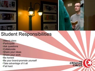Student Responsibilities
•Attend class
•Participate
•Ask questions
•Collaborate
•Share your ideas
•Share your work
•Be honest
•Be your brand-promote yourself
•Take advantage of it all
•Fail hard
 