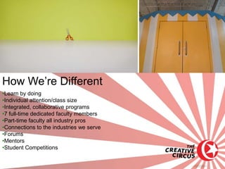 How We’re Different
•Learn by doing
•Individual attention/class size
•Integrated, collaborative programs
•7 full-time dedicated faculty members
•Part-time faculty all industry pros
•Connections to the industries we serve
•Forums
•Mentors
•Student Competitions
 
