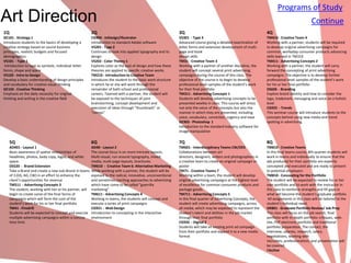 Programs of Study
Art Direction                                                                                                                                                                                     Continue
1Q                                                        2Q                                                   3Q                                                    4Q
GE101 - Strategy 1                                        CG904 - InDesign/Illustrator                         VS301 - Type 3                                        TM410 - Creative Team 4
Introduces students to the basics of developing a         Introduction to standard Adobe software              Advanced course giving a detailed examination of      Working with a partner, students will be required
creative strategy based on sound business                 VS201 - Type 2                                       letter forms and extensive development of multi-      to develop original advertising campaigns for
principles, realistic budgets and focused                 Continues to look into applied typography and its    page and book                                         common, workaday consumer products advancing
demographics                                              design                                               design skills                                         skills learned in TM310
VS101 - Type 1                                            VS202 - Color Theory 1                               TM31 - Creative Team 3                                TM411 - Advertising Concepts 2
 Introduction to type as symbols, individual letter       Explores color as the soul of design and how these   Working with a partner of another discipline, the     Working with a partner, the student will carry
forms, shape and space                                    theories are applied to specific creative works      student will concept several print advertising        forward the concepting of print advertising
VS102 - Intro to Design                                   TM210 - Introduction to Creative Team                campaigns during the course of this class. The        campaigns. The objective is to develop further
Develop a basic understanding of design principles        Introduces the student to the basic work structure   objective of the course is to begin to develop        professional-level samples of the student’s work
and vocabulary for creative visual thinking               in which he or she will work through the             professional-level samples of the student’s work      for his or her final portfolio
GE102 - Creative Thinking                                 remainder of both school and professional            for their final portfolio                             DS606 - Branding
Emphasis on the daily necessity for original              careers. Teamed with a partner, the student will     TM311 - Advertising Concepts 1                        Explore brand identity and how to consider the
thinking and writing in the creative field                be exposed to the techniques of joint                Students will develop advertising concepts to be      logo, trademark, messaging and voice on a holistic
                                                          brainstorming, concept development and               presented weekly in class. This course will stress    level
                                                          execution of ideas through “thumbnails” or           not only the value of the concepts but also the       CG925 - Trends
                                                          “comps”                                              manner in which they are presented, including         This seminar course will introduce students to the
                                                                                                               voice, vocabulary, conviction, cogency and ease       concepts behind using new media and trend
                                                                                                               GE903 - Photoshop 1                                   spotting in advertising
                                                                                                               Introduction to the standard industry software for
                                                                                                               image manipulation

     5Q                                                   6Q                                                   7Q                                                    8Q
     AD401 - Layout 1                                     AD40 - Layout 2                                      TM601 - Interdisciplinary Teams CW/DES                TM810 - Creative Teams
     Basic awareness of spatial relationships of          The course focus is on more intricate layouts.       Collaborations between art                            In this final teams course, 8th quarter students will
     headlines, photos, body copy, logos, and white       Multi-visual, run-around typography, mixed           directors, designers, writers and photographers in    work in teams and individually to ensure that the
     space.                                               media, multi-page layouts, brochures.                a creative team to create an original campaign or     ads produced for their portfolio are expertly
     DS520 - Brand Extension                              TM610 - Creative Team 6: Alternative Marketing       poster                                                concepted and executed and are ready to present
     Take a Brand and create a new sub-Brand in teams     While working with a partner, the student will be    TM71 - Creative Teams 7                               to potential employers
     of 3 (DS, AD, CW) in an effort to enhance the        exposed to the radical, innovative, unconventional   Working within a team, the student will develop       TM810 - Concepting for the Portfolio
     client’s opportunities for revenue                   and sometimes startling approaches to advertising    original advertising campaigns at the highest level   The student will be expected to review his or her
     TM511 - Advertising Concepts 3                       which have come to be called “guerrilla              of excellence for common consumer products and        own portfolio and to work with the instructor in
     The student, working with her or his partner, will   marketing”                                           package goods.                                        this class to reinforce strengths and fill gaps in
     begin to create some of the final forms of           TM611 - Advertising Concepts 4                       TM711 - Advertising Concepts 5                        what will become the student’s graduate portfolio
     campaigns which will form the core of the            Working in teams, the students will concept and      In this final quarter of Advertising Concepts, the     All assignments in this class will be tailored to the
     student’s work for his or her final portfolio        execute a series of print campaigns                  student will create advertising campaigns, across     student’s individual need.
     TM41 - Firedrill                                     CG921 - Web Design                                   all media, which may be expected to represent the     GR801 - Graduate Portfolio Review/ Job Prep
     Students will be expected to concept and execute     Introduction to concepting in the interactive        student’s talent and abilities in the job market      This class will focus on the job search, final
     multiple advertising campaigns within a concise      environment                                          through their final portfolio                         portfolio with in-depth portfolio critiques, web-
     time limit.                                                                                               CG926 - Digital 2                                     site, PDF electronic portfolio and traditional
                                                                                                               Students will take an existing print ad campaign      portfolio preparation. The contact, the
                                                                                                               from their portfolio and expand it to a new media     interview, salaries, research, salary
                                                                                                               format                                                negotiations, working with
                                                                                                                                                                     recruiters, professionalism, and presentation will
                                                                                                                                                                     be covered.
                                                                                                                                                                     Elective
 
