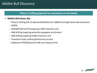 Mallee Bull Discovery

                  Phase 2 drilling planned to commence in 4-8 weeks
 • Mallee Bull down dip
     –   Phase 2 drilling (10-12 diamond drillholes for 4,000m) to target down dip extensions
     –   DHEM
     –   MLEM/FLEM and IP targeting 4-Mile Volcanics unit
     –   RAB drilling targeting potential supergene enrichment
     –   RAB drilling targeting 4-Mile Volcanics unit
     –   Tenement wide surface geochemical surveys
     –   Additional VTEM/Spectrem EM over balance of EL




                                                                                   14
 