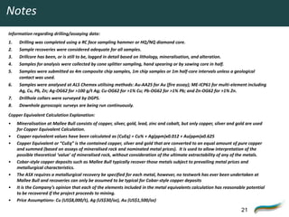 Notes
Information regarding drilling/assaying data:
1.    Drilling was completed using a RC face sampling hammer or HQ/NQ diamond core.
2.    Sample recoveries were considered adequate for all samples.
3.    Drillcore has been, or is still to be, logged in detail based on lithology, mineralisation, and alteration.
4.    Samples for analysis were collected by cone splitter sampling, hand spearing or by sawing core in half.
5.    Samples were submitted as 4m composite chip samples, 1m chip samples or 1m half-core intervals unless a geological
      contact was used.
6.    Samples were analysed at ALS Chemex utilising methods: Au‐AA25 for Au (fire assay); ME‐ICP61 for multi-element including
      Ag, Cu, Pb, Zn; Ag-OG62 for >100 g/t Ag; Cu-OG62 for >1% Cu; Pb-OG62 for >1% Pb; and Zn-OG62 for >1% Zn.
7.    Drillhole collars were surveyed by DGPS.
8.    Downhole gyroscopic surveys are being run continuously.

Copper Equivalent Calculation Explanation:
•    Mineralisation at Mallee Bull consists of copper, silver, gold, lead, zinc and cobalt, but only copper, silver and gold are used
     for Copper Equivalent Calculation.
•    Copper equivalent values have been calculated as (CuEq) = Cu% + Ag(ppm)x0.012 + Au(ppm)x0.625
•    Copper Equivalent or “CuEq” is the contained copper, silver and gold that are converted to an equal amount of pure copper
     and summed (based on assays of mineralised rock and nominated metal prices). It is used to allow interpretation of the
     possible theoretical ‘value’ of mineralised rock, without consideration of the ultimate extractability of any of the metals.
•    Cobar-style copper deposits such as Mallee Bull typically recover those metals subject to prevailing metal prices and
     metallurgical characteristics.
•    The ASX requires a metallurgical recovery be specified for each metal, however, no testwork has ever been undertaken at
     Mallee Bull and recoveries can only be assumed to be typical for Cobar-style copper deposits
•    It is the Company’s opinion that each of the elements included in the metal equivalents calculation has reasonable potential
     to be recovered if the project proceeds to mining.
•    Price Assumptions‐ Cu (US$8,000/t), Ag (US$30/oz), Au (US$1,500/oz)

                                                                                                                         21
 
