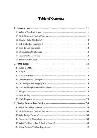 Table of Contents

1. Introduction-------------------------------------------------------------- 11
  1.1 What Is This Book About? ----------------------------------------------------- 11
  1.2 Little History of Design Patterns ----------------------------------------------- 11
  1.3 Should I Take This Book? ------------------------------------------------------ 12
  1.4 Is It Useful For Interviews? ---------------------------------------------------- 12
  1.5 How To Use This book? -------------------------------------------------------- 12
  1.6 Organization Of Chapters ------------------------------------------------------ 13
  1.7 Source Code Disclaimer -------------------------------------------------------- 14
  1.8 Tools Used For Book ----------------------------------------------------------- 14
2. UML Basics --------------------------------------------------------------- 15
  2.1 What Is UML? ------------------------------------------------------------------ 15
  2.2 Why UML? --------------------------------------------------------------------- 15
  2.3 UML Notations ----------------------------------------------------------------- 15
  2.4 Object Oriented Concepts ------------------------------------------------------ 16
  2.5 OO Analysis and Design (OOAD) --------------------------------------------- 18
  2.6 UML Building Blocks and Notations ------------------------------------------- 19
  2.7 Things--------------------------------------------------------------------------- 19
  2.8 Relationship -------------------------------------------------------------------- 25
  2.9 UML Diagrams ----------------------------------------------------------------- 29
3. Design Patterns Introduction -------------------------------------------- 38
  3.1 What are Design Patterns? ----------------------------------------------------- 38
  3.2 Little History of Design Patterns ----------------------------------------------- 38
  3.3 Why Design Patterns?---------------------------------------------------------- 38
  3.4 Categories Of Design Patterns ------------------------------------------------- 39
  3.5 What To Observe For A Design Pattern? -------------------------------------- 40
  3.6 Using Patterns To Gain Experience -------------------------------------------- 40
 