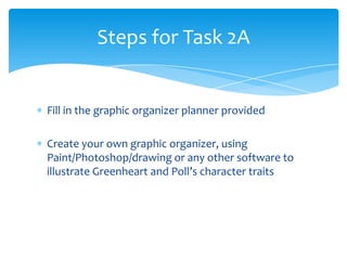 Steps for Task 2A


Fill in the graphic organizer planner provided

Create your own graphic organizer, using
Paint/Photoshop/drawing or any other software to
illustrate Greenheart and Poll’s character traits
 
