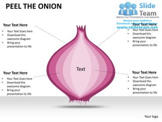 PEEL THE ONION

    Your Text Here                      Your Text Here
•     Your Text Goes here           •   Your Text Goes here
•     Download this                 •   Download this
      awesome diagram                   awesome diagram
•     Bring your                    •   Bring your
      presentation to life              presentation to life




                             Text
    Your Text Here                      Your Text Here
•     Your Text Goes here           •   Your Text Goes here
•     Download this                 •   Download this
      awesome diagram                   awesome diagram
•     Bring your                    •   Bring your
      presentation to life              presentation to life




                                                 Your logo
 