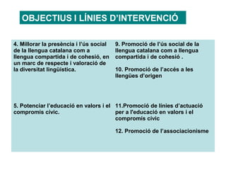 OBJECTIUS I LÍNIES D’INTERVENCIÓ

4. Millorar la presència i l’ús social   9. Promoció de l’ús social de la
de la llengua catalana com a             llengua catalana com a llengua
llengua compartida i de cohesió, en      compartida i de cohesió .
un marc de respecte i valoració de
la diversitat lingüística.               10. Promoció de l’accés a les
                                         llengües d’origen




5. Potenciar l’educació en valors i el 11.Promoció de línies d’actuació
compromís cívic.                       per a l'educació en valors i el
                                       compromís cívic

                                         12. Promoció de l’associacionisme
 