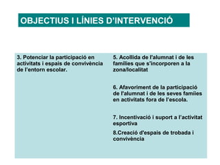 OBJECTIUS I LÍNIES D’INTERVENCIÓ



3. Potenciar la participació en      5. Acollida de l'alumnat i de les
activitats i espais de convivència   famílies que s'incorporen a la
de l’entorn escolar.                 zona/localitat


                                     6. Afavoriment de la participació
                                     de l'alumnat i de les seves famíies
                                     en activitats fora de l’escola.


                                     7. Incentivació i suport a l’activitat
                                     esportiva
                                     8.Creació d'espais de trobada i
                                     convivència
 