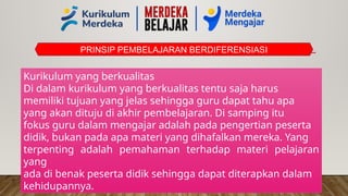 PRINSIP PEMBELAJARAN BERDIFERENSIASI
Kurikulum yang berkualitas
Di dalam kurikulum yang berkualitas tentu saja harus
memiliki tujuan yang jelas sehingga guru dapat tahu apa
yang akan dituju di akhir pembelajaran. Di samping itu
fokus guru dalam mengajar adalah pada pengertian peserta
didik, bukan pada apa materi yang dihafalkan mereka. Yang
terpenting adalah pemahaman terhadap materi pelajaran
yang
ada di benak peserta didik sehingga dapat diterapkan dalam
kehidupannya.
 