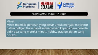 KERAGAMAN PESERTA DIDIK
Minat
Minat memiliki peranan yang besar untuk menjadi motivator
dalam belajar. Guru dapat menanyakan kepada para peserta
didik apa yang mereka minati, hobby, atau pelajaran yang
disukai.
 