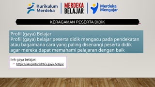 KERAGAMAN PESERTA DIDIK
Profil (gaya) Belajar
Profil (gaya) belajar peserta didik mengacu pada pendekatan
atau bagaimana cara yang paling disenangi peserta didik
agar mereka dapat memahami pelajaran dengan baik
link gaya belajar:
• https://akupintar.id/tes-gaya-belajar
 