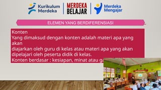 ELEMEN YANG BERDIFERENSIASI
Konten
Yang dimaksud dengan konten adalah materi apa yang
akan
diajarkan oleh guru di kelas atau materi apa yang akan
dipelajari oleh peserta didik di kelas.
Konten berdasar : kesiapan, minat atau gaya belajar
 