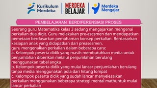 PEMBELAJARAN BERDIFERENSIASI PROSES
Seorang guru Matematika kelas 3 sedang mengajarkan mengenai
perkalian dua digit. Guru melakukan pre-asesmen dan mendapatkan
pemetaan berdasarkan pemahaman konsep perkalian. Berdasarkan
kesiapan anak yang didapatkan dari preasesmen,
guru mengenalkan perkalian dalam beberapa cara:
a. Kelompok peserta didik yang masih membutuhkan media untuk
penjumlahan diberikan melalui penjumlahan berulang
menggunakan tabel angka
b. Kelompok peserta didik yang mulai lancar penjumlahan berulang
tanpa media menggunakan pola dari hitung lompat
c. Kelompok peserta didik yang sudah lancar menyelesaikan
perkalian menggunakan beberapa strategi mental mathuntuk mulai
lancar perkalian
 