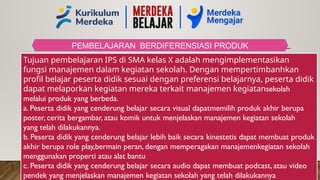 PEMBELAJARAN BERDIFERENSIASI PRODUK
Tujuan pembelajaran IPS di SMA kelas X adalah mengimplementasikan
fungsi manajemen dalam kegiatan sekolah. Dengan mempertimbanhkan
profil belajar peserta didik sesuai dengan preferensi belajarnya, peserta didik
dapat melaporkan kegiatan mereka terkait manajemen kegiatansekolah
melalui produk yang berbeda.
a. Peserta didik yang cenderung belajar secara visual dapatmemilih produk akhir berupa
poster, cerita bergambar, atau komik untuk menjelaskan manajemen kegiatan sekolah
yang telah dilakukannya.
b. Peserta didik yang cenderung belajar lebih baik secara kinestetis dapat membuat produk
akhir berupa role play,bermain peran, dengan memperagakan manajemenkegiatan sekolah
menggunakan properti atau alat bantu
c. Peserta didik yang cenderung belajar secara audio dapat membuat podcast, atau video
pendek yang menjelaskan manajemen kegiatan sekolah yang telah dilakukannya
 