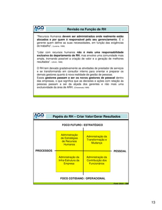 Revisão na Função de RH

“Recursos Humanos devem ser administrados onde realmente estão
alocados e por quem é responsável pelo seu gerenciamento. É o
gerente quem define as suas necessidades, em função das exigências
do trabalho”. (Lucena, 1999)

“Lidar com recursos humanos não é mais uma responsabilidade
exclusiva do departamento de RH, mas envolve uma comunidade mais
ampla, trornando possível a criação de valor e a geração de melhores
resultados”. (Ulrich, 1998)

O RH tem deixado gradativamente as atividades de prestador de serviços
e se transformando em consultor interno para orientar e preparar os
demais gestores quanto à nova realidade de gestão de pessoas.
Esses gestores passam a ser os novos gestores de pessoal dentro
das empresas, o que significa que as decisões e ações com relação às
pessoas passam a ser da alçada dos gerentes e não mais uma
exclusividade da área de ARH. (Chiavenato,1999)




            Papéis do RH – Criar Valor/Gerar Resultados

                    FOCO FUTURO / ESTRATÉGICO


                   Administração
                                        Administração da
                   de Estratégias
                                        Transformação e
                    de Recursos
                                           Mudança
                     Humanos

PROCESSOS                                                     PESSOAL

                 Administração da       Administração da
                 Infra-Estrutura da     Contribuição dos
                      Empresa             Funcionários




                  FOCO COTIDIANO / OPERACIONAL
                                                             Fonte: Ulrich - 1998




                                                                                    13
 