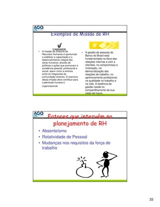 •   A missão da Diretoria de             •   A gestão de pessoas do
    Recursos Humanos é oportunizar
                                             Banco do Brasil está
    e viabilizar a capacitação e o
    desenvolvimento integral dos             fundamentada na ética das
    seres humanos, através de                relações internas e com a
    políticas e ações que promovam a         clientela, no compromisso e
    excelência pessoal, profissional e       motivação, na
    social, assim como a sintonia            democratização das
    entre os integrantes da                  relações de trabalho, no
    comunidade Unisinos. O exercício         aprimoramento profissional,
    dessa missão deve contribuir para        na qualidade no trabalho e
    a plenitude humana e
                                             na vida. A essência da
    organizacional.                          gestão reside no
                                             compartilhamento de sua
                                             visão de futuro,
                                             responsabilidades e




• Absenteísmo
• Rotatividade de Pessoal
• Mudanças nos requisitos da força de
  trabalho




                                                                           33
 