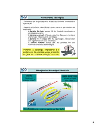 Planejamento Estratégico
• Ferramenta que exige adequação do seu uso conforme a realidade da
organização;

• Kaplan (1997) chama a atenção para quatro barreiras que precisam ser
observadas:
    • A barreira da visão: apenas 5% dos funcionários entendem a
       estratégia corporativa.
    • A barreira gerencial: 85% dos executivos dispendem menos de
       uma hora por mês discutindo estratégias.
    • A barreira dos recursos: 60% das organizações não conectam
       seus orçamentos com suas estratégias.
    • A barreira humana: Apenas 25% dos gerentes têm seus
       incentivos conectados às estratégias.


“Portanto, a estratégia empresarial é o
ajustamento da empresa ao seu ambiente,
em geral em constante mutação” (Oliveira, 1991)




                   Planejamento Estratégico - Resumo

   MISSÃO:                                                   VISÃO DE FUTURO:
  (para que a                                                  (onde a empresa
empresa existe?)                                                 quer chegar?)
                                            )
                                         es?
                                   (limit
                               :
                         R   ES
                      LO
                    VA
                                                   :
                                               IAS ?)
                                             ÉG egar
                                            T ch
                                          RA
                                       ST omo
                                      E ,c
                                        ões                  tes
                                                                 ?)
                                    (aç                   imi
                                                        (l
                                                     S:
                                                 RE
                                              LO
                                            VA


  POLÍTICAS (como a empresa age no seu dia a dia?)




                                                                                 4
 