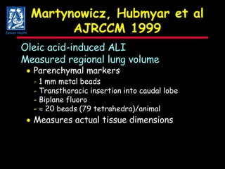 Martynowicz, Hubmyar et al AJRCCM 1999 Oleic acid-induced ALI Measured regional lung volume  Parenchymal markers -  1 mm metal beads -  Transthoracic insertion into caudal lobe -  Biplane fluoro -     20 beads (79 tetrahedra)/animal  Measures actual tissue dimensions Denver Health 