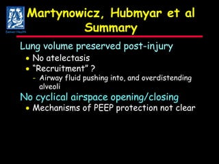 Martynowicz, Hubmyar et al Summary Lung volume preserved post-injury  No atelectasis    “ Recruitment” ? - Airway fluid pushing into, and overdistending alveoli No cyclical airspace opening/closing  Mechanisms of PEEP protection not clear Denver Health 