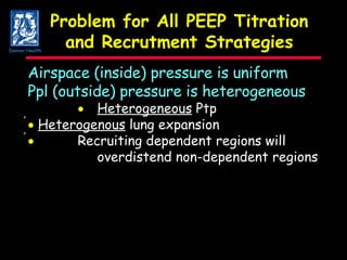 Problem for All PEEP Titration and Recrutment Strategies Airspace (inside) pressure is uniform Ppl (outside) pressure is heterogeneous  Heterogeneous  Ptp    Heterogenous  lung expansion    Recruiting dependent regions will  overdistend non-dependent regions Denver Health 