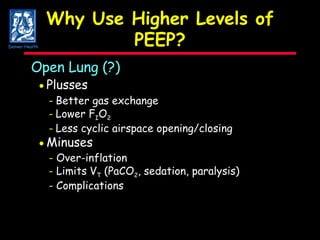 Why Use Higher Levels of PEEP? Open Lung (?)  Plusses -  Better gas exchange -  Lower F I O 2 -  Less cyclic airspace opening/closing  Minuses -  Over-inflation -  Limits V T  (PaCO 2 , sedation, paralysis) -  Complications Denver Health 