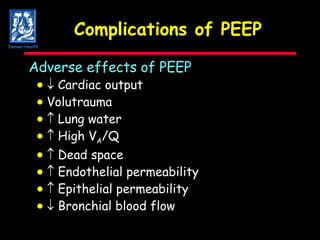 Complications of PEEP Adverse effects of PEEP     Cardiac output  Volutrauma     Lung water     High V A /Q     Dead space     Endothelial permeability     Epithelial permeability     Bronchial blood flow Denver Health 