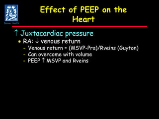 Effect of PEEP on the Heart    Juxtacardiac pressure  RA:     venous return - Venous return = (MSVP-Pra)/Rveins (Guyton)   - Can overcome with volume - PEEP    MSVP and Rveins Denver Health 