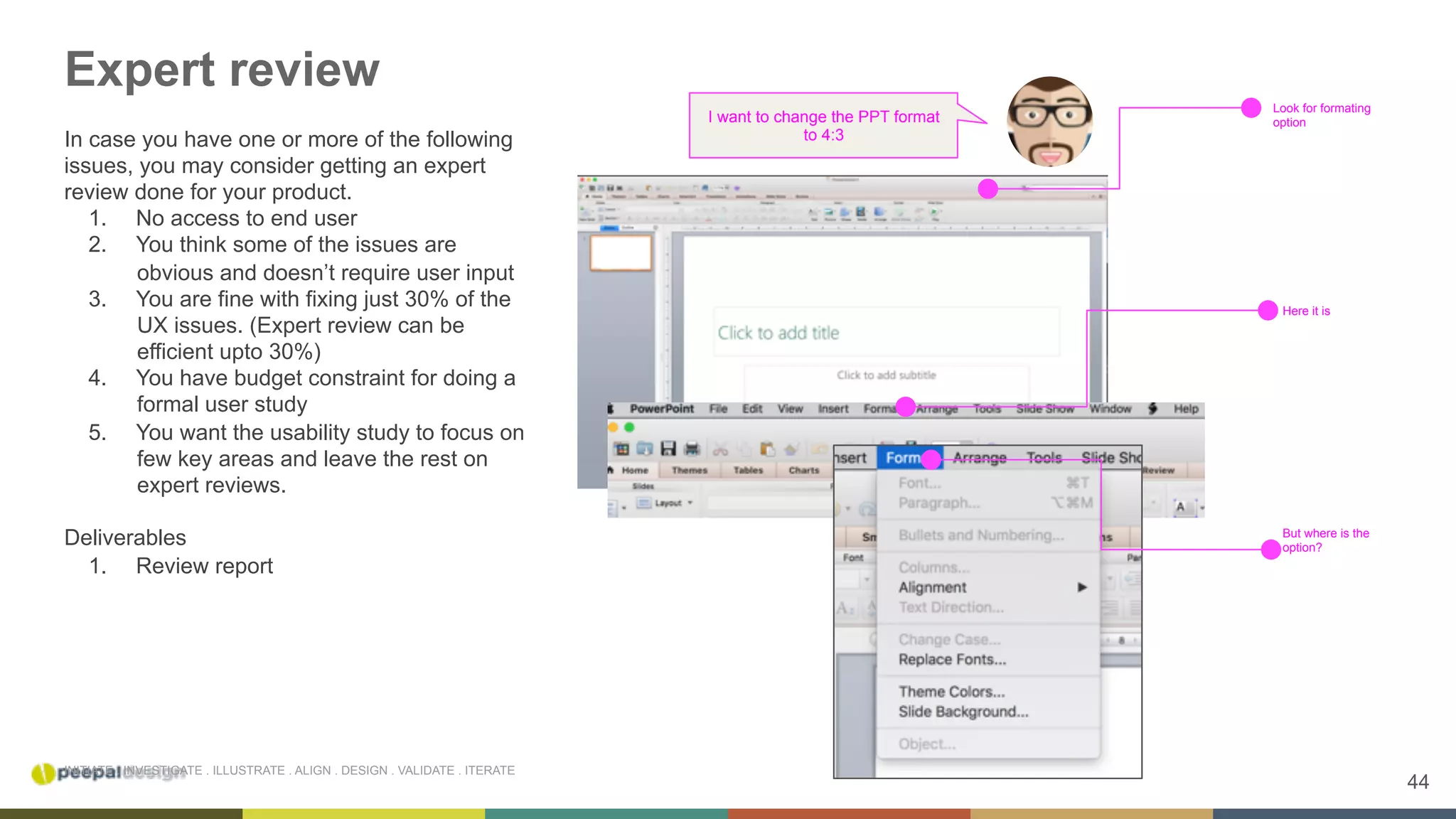 44
INITIATE . INVESTIGATE . ILLUSTRATE . ALIGN . DESIGN . VALIDATE . ITERATE
Expert review
In case you have one or more of the following
issues, you may consider getting an expert
review done for your product.
1.  No access to end user
2.  You think some of the issues are
obvious and doesn’t require user input
3.  You are fine with fixing just 30% of the
UX issues. (Expert review can be
efficient upto 30%)
4.  You have budget constraint for doing a
formal user study
5.  You want the usability study to focus on
few key areas and leave the rest on
expert reviews.
Deliverables
1.  Review report
Look for formating
option
Here it is
But where is the
option?
I want to change the PPT format
to 4:3
 