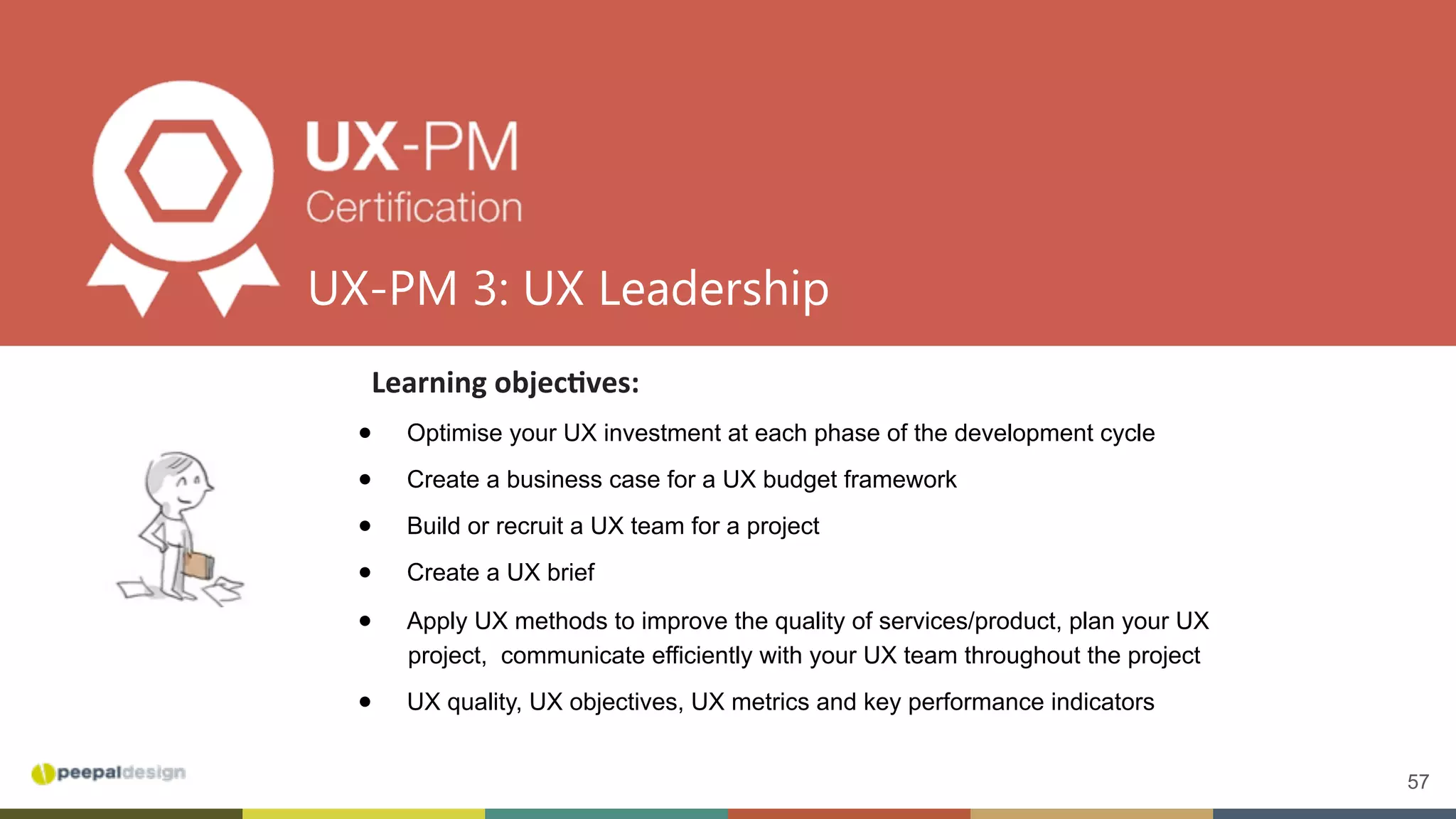 57
Learning	objec8ves:	
●  Optimise your UX investment at each phase of the development cycle
●  Create a business case for a UX budget framework
●  Build or recruit a UX team for a project
●  Create a UX brief
●  Apply UX methods to improve the quality of services/product, plan your UX
project, communicate efficiently with your UX team throughout the project
●  UX quality, UX objectives, UX metrics and key performance indicators
UX-PM 3: UX Leadership
 