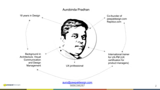 2
18 years in Design Co-founder of
peepaldesign.com
Rapidux.com
International trainer
for UX-PM (UX
certification for
product managers)
Background in
Architecture, Visual
Communication
and Design
Management UX professional
Aurobinda Pradhan
auro@peepaldesign.com
9886396287
 