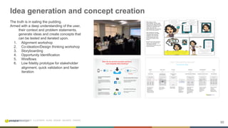 50
INITIATE . INVESTIGATE . ILLUSTRATE . ALIGN . DESIGN . VALIDATE . ITERATE
Idea generation and concept creation
The truth is in eating the pudding.
Armed with a deep understanding of the user,
their context and problem statements,
generate ideas and create concepts that
can be tested and iterated upon.
1.  Alignment workshop
2.  Co-ideation/Design thinking workshop
3.  Storyboarding
4.  Opportunity Identification
5.  Wireflows
6.  Low fidelity prototype for stakeholder
alignment, quick validation and faster
iteration
 