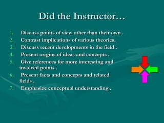 Did the Instructor…   Discuss points of view other than their own . Contrast implications of various theories.   Discuss recent developments in the field . Present origins of ideas and concepts . Give references for more interesting and  involved points . Present facts and concepts and related  fields . Emphasize conceptual understanding . 