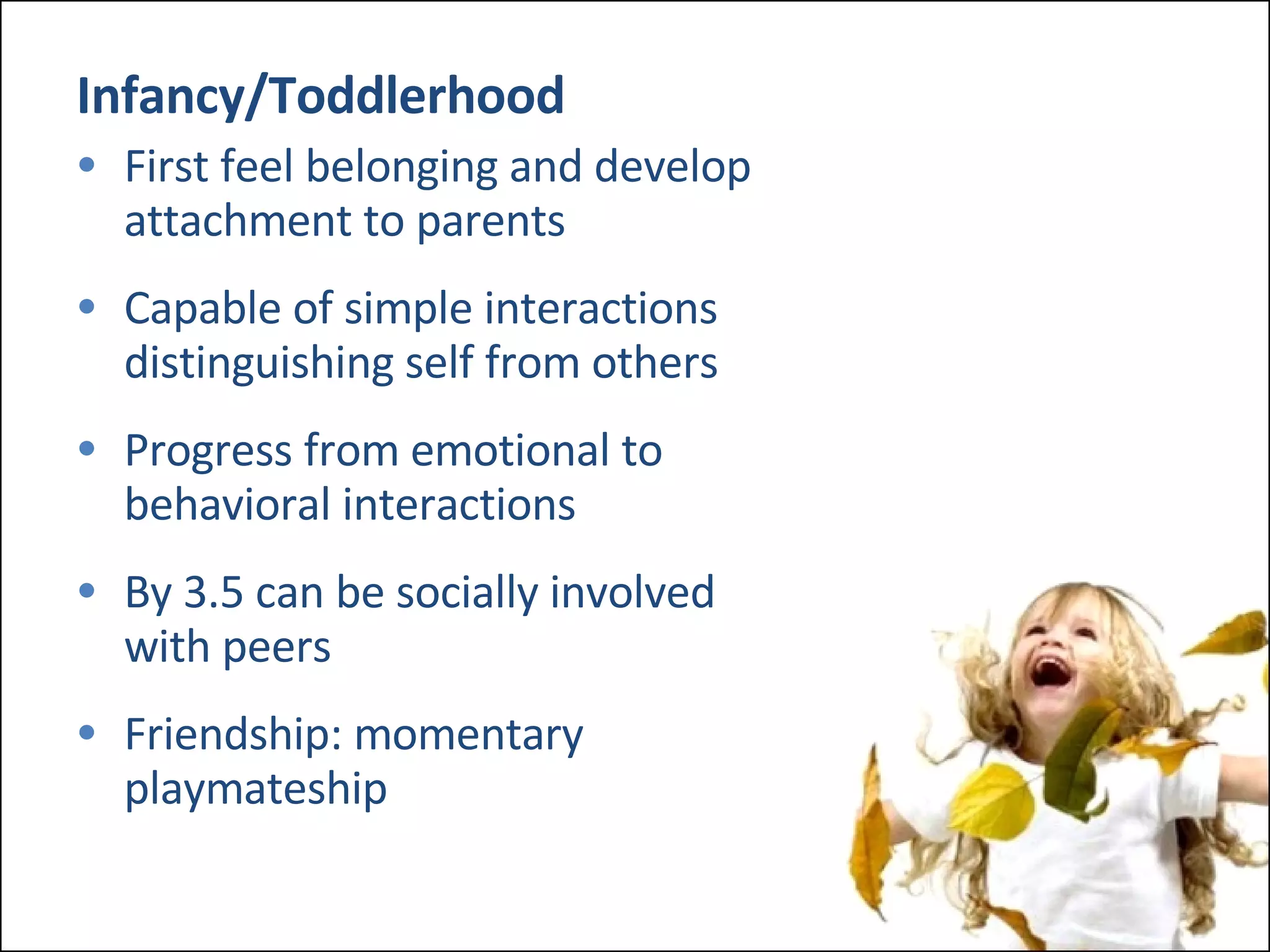 Infancy/Toddlerhood First feel belonging and develop  attachment to parents Capable of simple interactions  distinguishing self from others Progress from emotional to  behavioral interactions By 3.5 can be socially involved  with peers Friendship: momentary  playmateship 