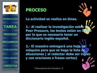 PROCESO La actividad se realiza en binas. 1.- Al realizar la investigación sobre el Peer Pressure, los textos están en inglés por lo que es necesario tener un diccionario inglés-español. 2.- El maestro entregará una hoja de máquina para que se haga la lista de situaciones ( al redactar debe ser inglés y con oraciones o frases cortas) INTRODUCCIÓN TAREA PROCESO RECURSOS EVALUACIÓN CONCLUSIONES CRÉDITOS 