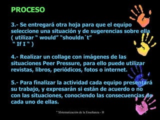PROCESO 3.- Se entregará otra hoja para que el equipo seleccione una situación y de sugerencias sobre ella ( utilizar “ would” “shouldn´t”  “ If I “ ) 4.- Realizar un collage con imágenes de las situaciones Peer Pressure, para ello puede utilizar revistas, libros, periódicos, fotos o internet. 5.- Para finalizar la actividad cada equipo presentará su trabajo, y expresarán si están de acuerdo o no con las situaciones, conociendo   las consecuencias de cada uno de ellas. 