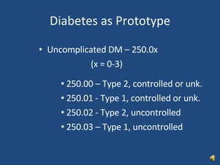 Diabetes as Prototype Uncomplicated DM – 250.0x  (x = 0-3) 250.00 – Type 2, controlled or unk. 250.01 - Type 1, controlled or unk. 250.02 - Type 2, uncontrolled 250.03 – Type 1, uncontrolled  