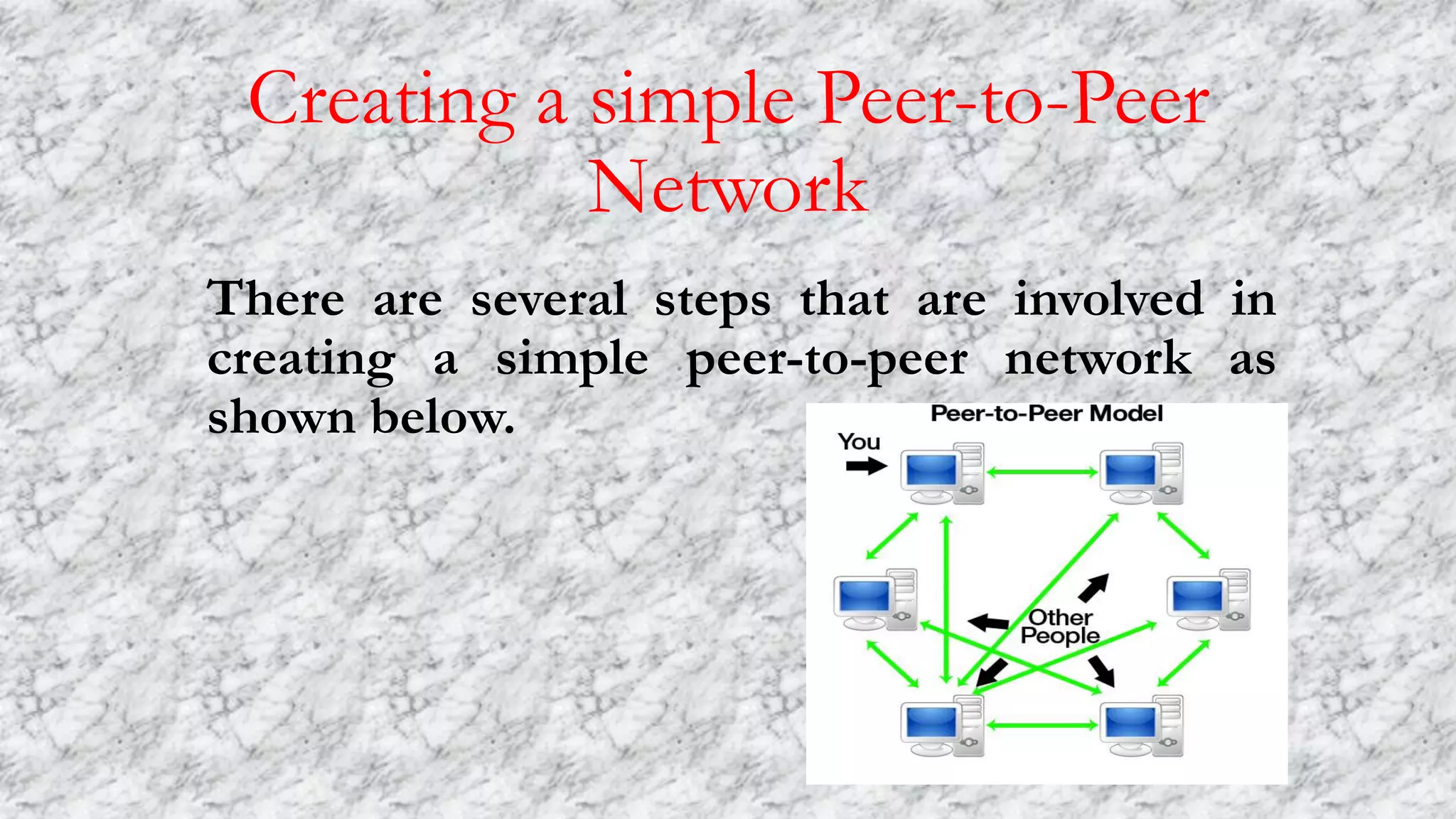 Creating a simple Peer-to-Peer
Network
There are several steps that are involved in
creating a simple peer-to-peer network as
shown below.
 