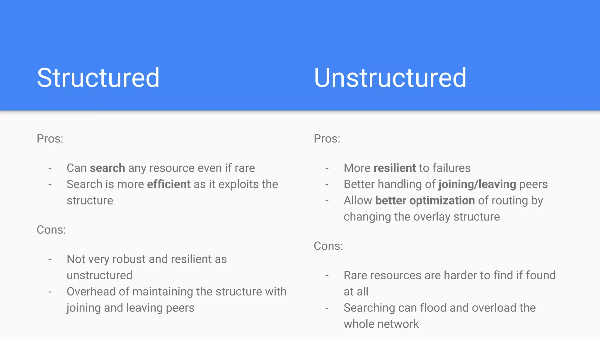 Structured
Pros:
- Can search any resource even if rare
- Search is more efficient as it exploits the
structure
Cons:
- Not very robust and resilient as
unstructured
- Overhead of maintaining the structure with
joining and leaving peers
Pros:
- More resilient to failures
- Better handling of joining/leaving peers
- Allow better optimization of routing by
changing the overlay structure
Cons:
- Rare resources are harder to find if found
at all
- Searching can flood and overload the
whole network
Unstructured
 