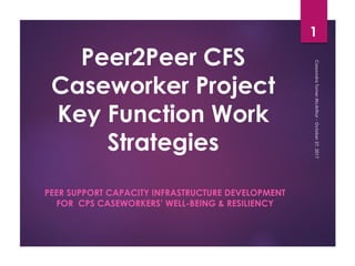 Peer2Peer CFS
Caseworker Project
Key Function Work
Strategies
PEER SUPPORT CAPACITY INFRASTRUCTURE DEVELOPMENT
FOR CPS CASEWORKERS’ WELL-BEING & RESILIENCY
1
 