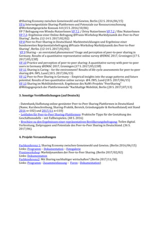 @Sharing Economy zwischen Gemeinwohl und Gewinn, Berlin (22 S. 2016/06/15)
VP 6 Internetgestützte Sharing-Plattformen und Potenziale zur Ressourcenschonung
@Werkstattgespräche Konsum 4.0 (15 S. 2016/10/06)
VP 7 Befragung von Wimdu-NutzerInnen VP 7.1 / Drivy NutzerInnen VP 7.2 / flinc NutzerInnen
VP 7.3: Ergebnisse einer Online-Befragung @Praxis-Workshop Marktdynamik des Peer-to-Peer
Sharing”, Berlin. (12-14 S. 2017/02/02)
VP 8 Peer-to-Peer-Sharing in Deutschland: Marktentwicklungen und Ergebnisse einer
bundesweiten Repräsentativbefragung @Praxis-Workshop Marktdynamik des Peer-to-Peer
Sharing”, Berlin. (12-14 S. 2017/02/02)
VP 9 Sharing – an overstated phenomenon? Usage and perception of peer-to-peer sharing in
Germany. Results of a quantitative representative online survey @EMAC 2017, Groningen (17 S.
2017/05/23ff)
VP 10 Practice and perception of peer-to-peer sharing: A quantitative survey with peer-to-peer
users in Germany @EMAC 2017, Groningen (17 S. 2017/05/23ff)
VP 11 Sharing is Caring – for the environment? Results of life cycle assessments for peer-to-peer
sharing @4. IWS, Lund (18 S. 2017/06/15)
VP 12 Peer-to-Peer Sharing in Germany – Empirical insights into the usage patterns and future
potential. Results of two quantitative online surveys @4. IWS, Lund (18 S. 2017/06/15)
VP 13 Sharing im Mobilitätsbereich. Ergebnisse des NaWi-Projekts “PeerSharing”
@Mittagsgespräch der Plattformwende “Nachhaltige Mobilität, Berlin (28 S. 2017/07/13)
3. Sonstige Veröffentlichungen (auf Deutsch)
- Datenbank/Auflistung online-gestützter Peer-to-Peer Sharing Plattformen in Deutschland
(Name, Kurzbeschreibung, Sharing-Praktik, Bereich, Gründungsjahr & Herkunftsland) mit Stand
2016 n=102) und 2017/11 n=110)
- Leitfaden für Peer-to-Peer Sharing-Plattformen: Praktische Tipps für die Gestaltung des
Geschäftsmodells – mit Fallbeispielen. (48 S. 2016)
- Brochüre zu den Ergebnissen einer repräsentativen Bevölkerungsbefragung: Teilen digital.
Verbreitung, Zielpruppen und Potentiale des Peer-to-Peer Sharing in Deutschland. (36 S.
2017/06).
4. Projekt-Veranstaltungen
Fachkonferenz 1: Sharing Economy zwischen Gemeinwohl und Gewinn. (Berlin 2016/06/15)
Links: Programm – Dokumentation – Fotogalerie
Praxisworkshop: Marktdynamiken der Peer-to-Peer Sharing. (Berlin 2017/02/02)
Links: Dokumentation
Fachkonferenz2: Mit Sharing nachhaltiger wirtschaften? (Berlin 2017/11/30)
Links: Programm - Zusammenfassung – Foren - Dokumentation)
 