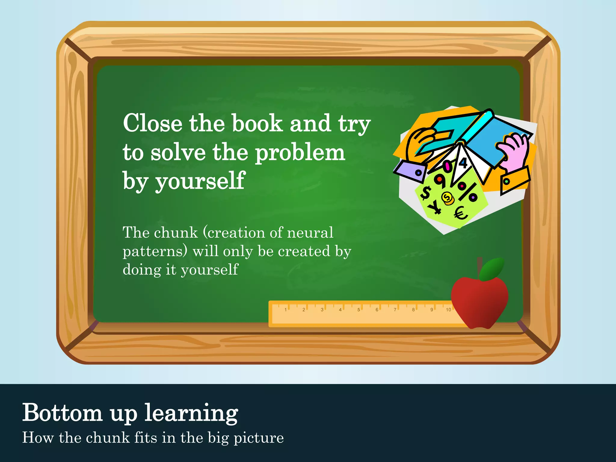 Close the book and try 
to solve the problem 
by yourself 
The chunk (creation of neural 
patterns) will only be created by 
doing it yourself 
Bottom up learning 
How the chunk fits in the big picture 
 