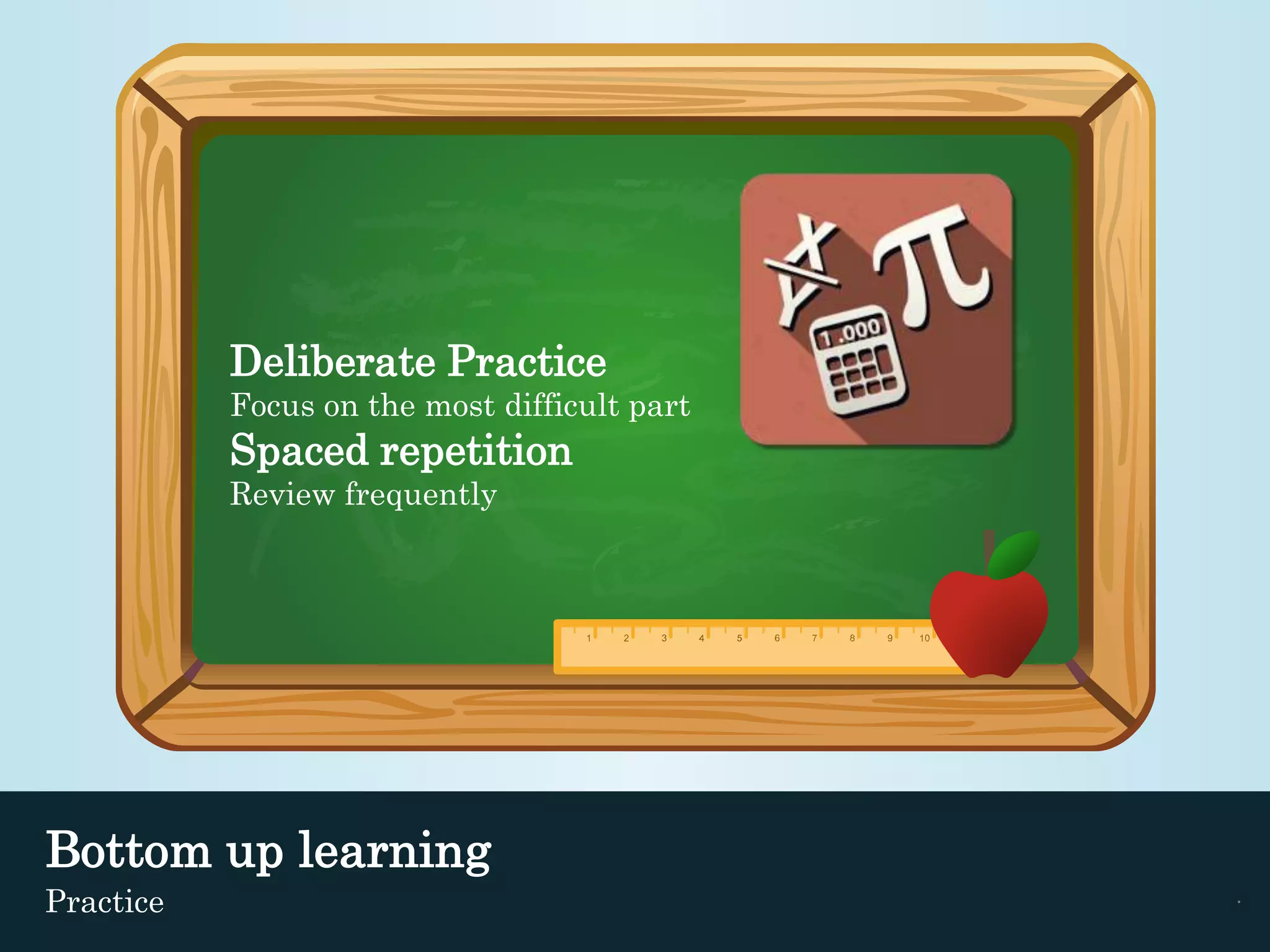 Deliberate Practice 
Focus on the most difficult part 
Spaced repetition 
Review frequently 
Bottom up learning 
Practice . 
 