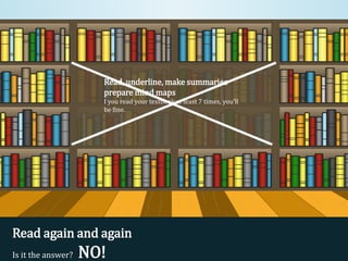 Read, underline, make summaries
prepare mind maps
I you read your textbook at least 7 times, you’ll
be fine.
Read again and again
Is it the answer? NO!
 